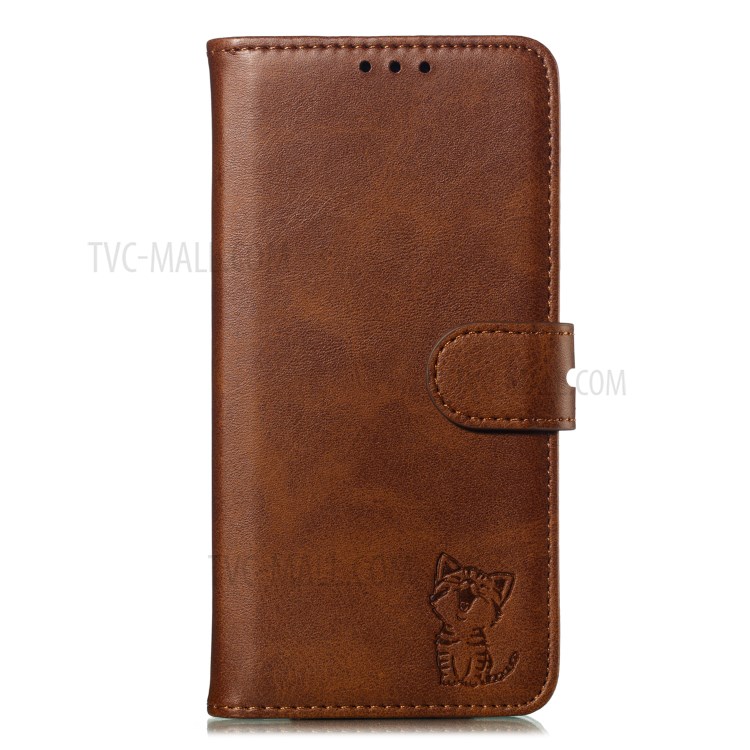 Imprint Happy Cat PU Leather Wallet Stand Phone Cover for iPhone 12 Pro/12 - Coffee-2