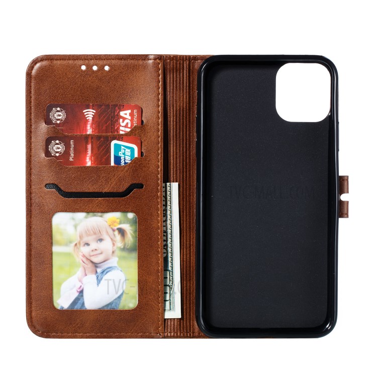 Imprint Happy Cat PU Leather Wallet Stand Phone Cover for iPhone 12 Pro/12 - Coffee-4