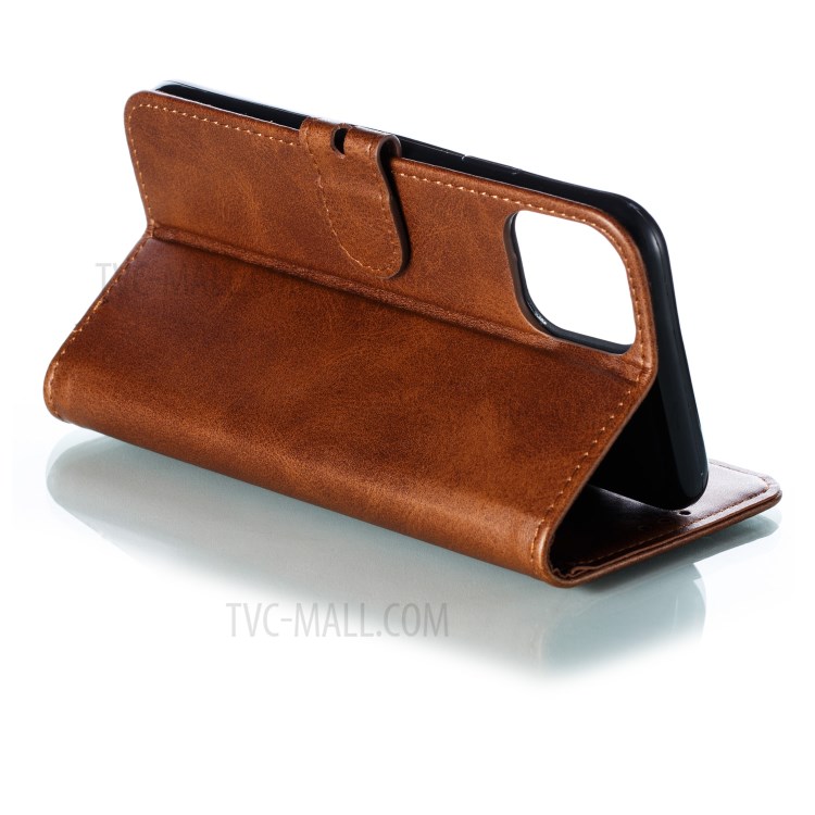 Imprint Happy Cat PU Leather Wallet Stand Phone Cover for iPhone 12 Pro/12 - Coffee-5