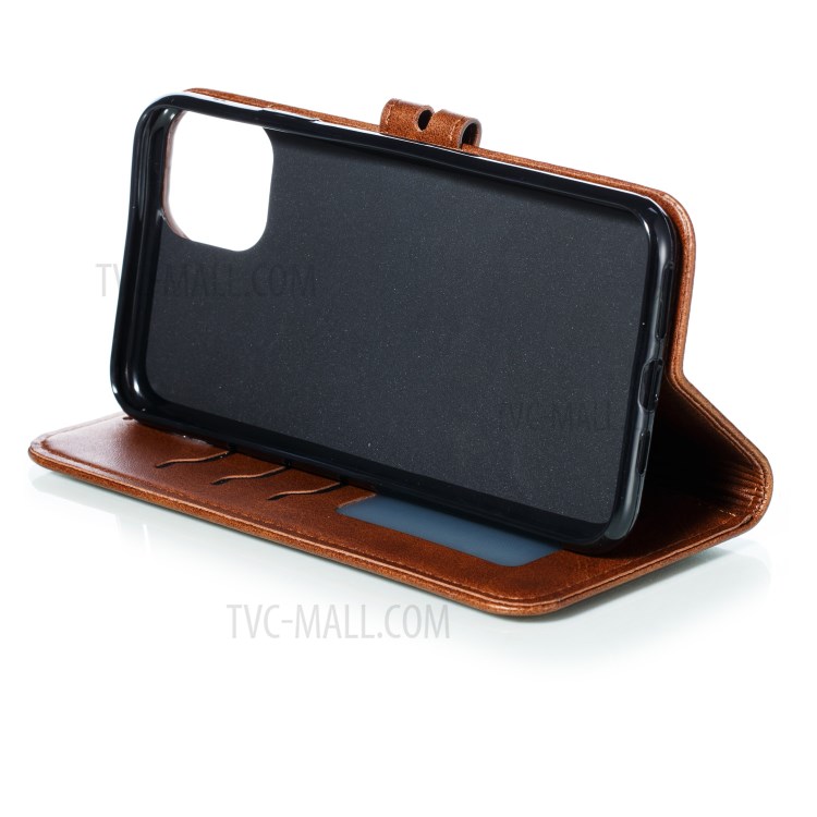 Imprint Happy Cat PU Leather Wallet Stand Phone Cover for iPhone 12 Pro/12 - Coffee-6