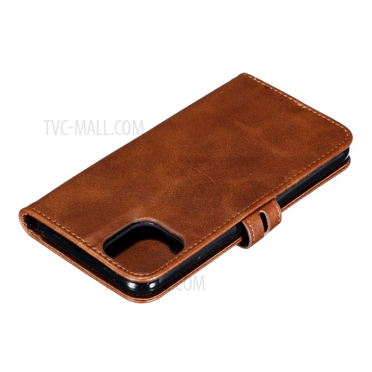 Imprint Happy Cat PU Leather Wallet Stand Phone Cover for iPhone 12 Pro/12 - Coffee-8