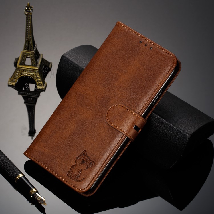 Imprint Happy Cat PU Leather Wallet Stand Phone Cover for iPhone 12 Pro/12 - Coffee-9