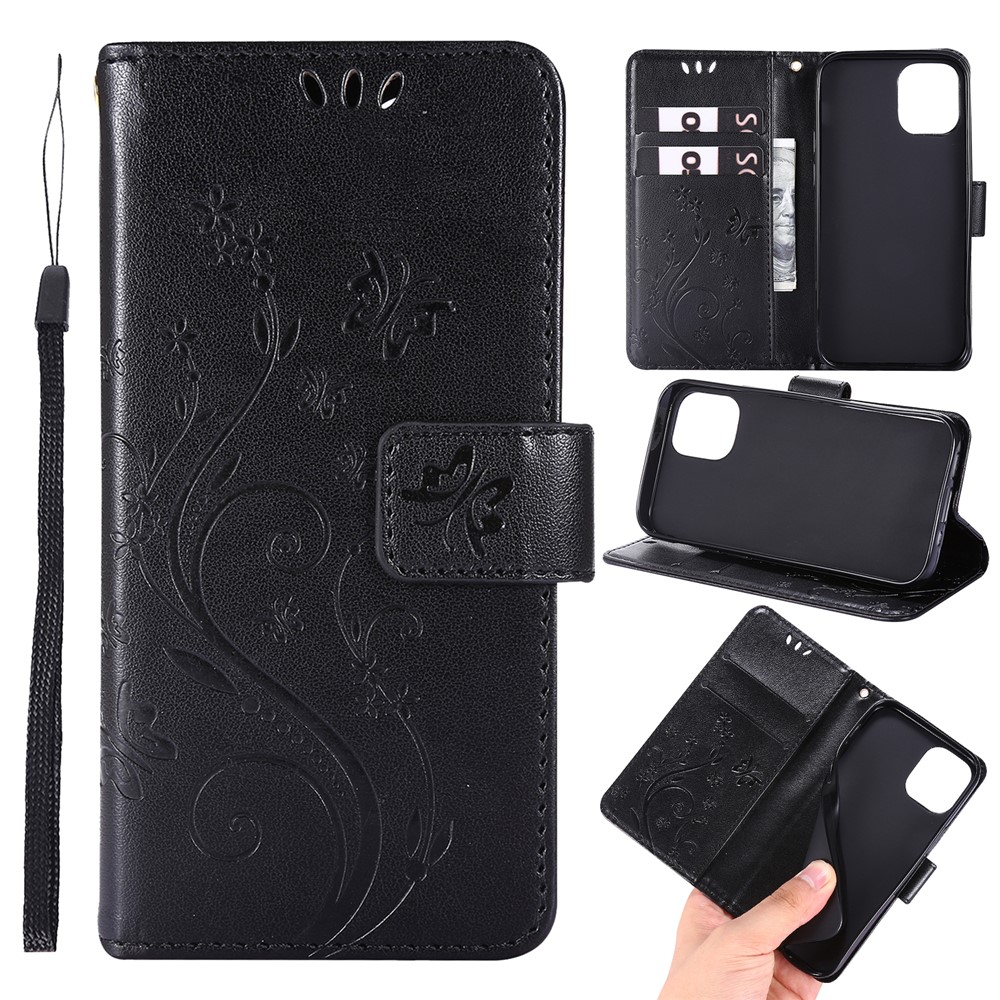 Imprint Butterfly Flower Leather Case with Strap for iPhone 12 5.4 inch - Black-1