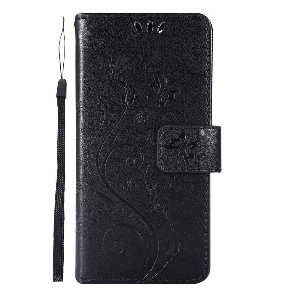 Imprint Butterfly Flower Leather Case with Strap for iPhone 12 5.4 inch - Black-2