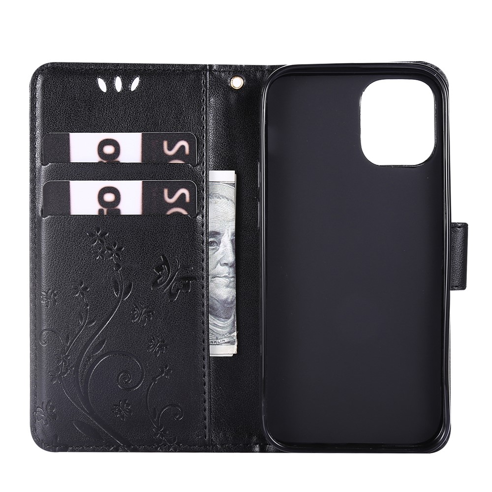 Imprint Butterfly Flower Leather Case with Strap for iPhone 12 5.4 inch - Black-6