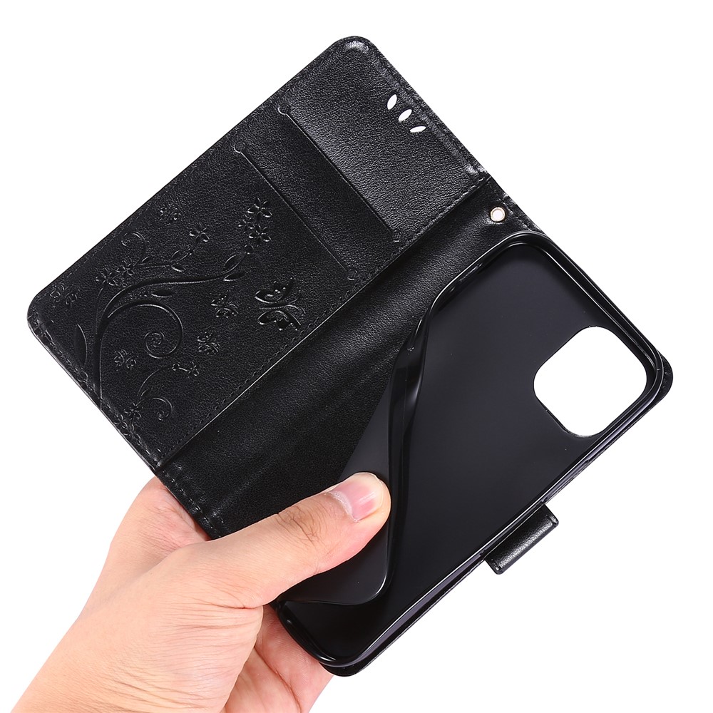 Imprint Butterfly Flower Leather Case with Strap for iPhone 12 5.4 inch - Black-7