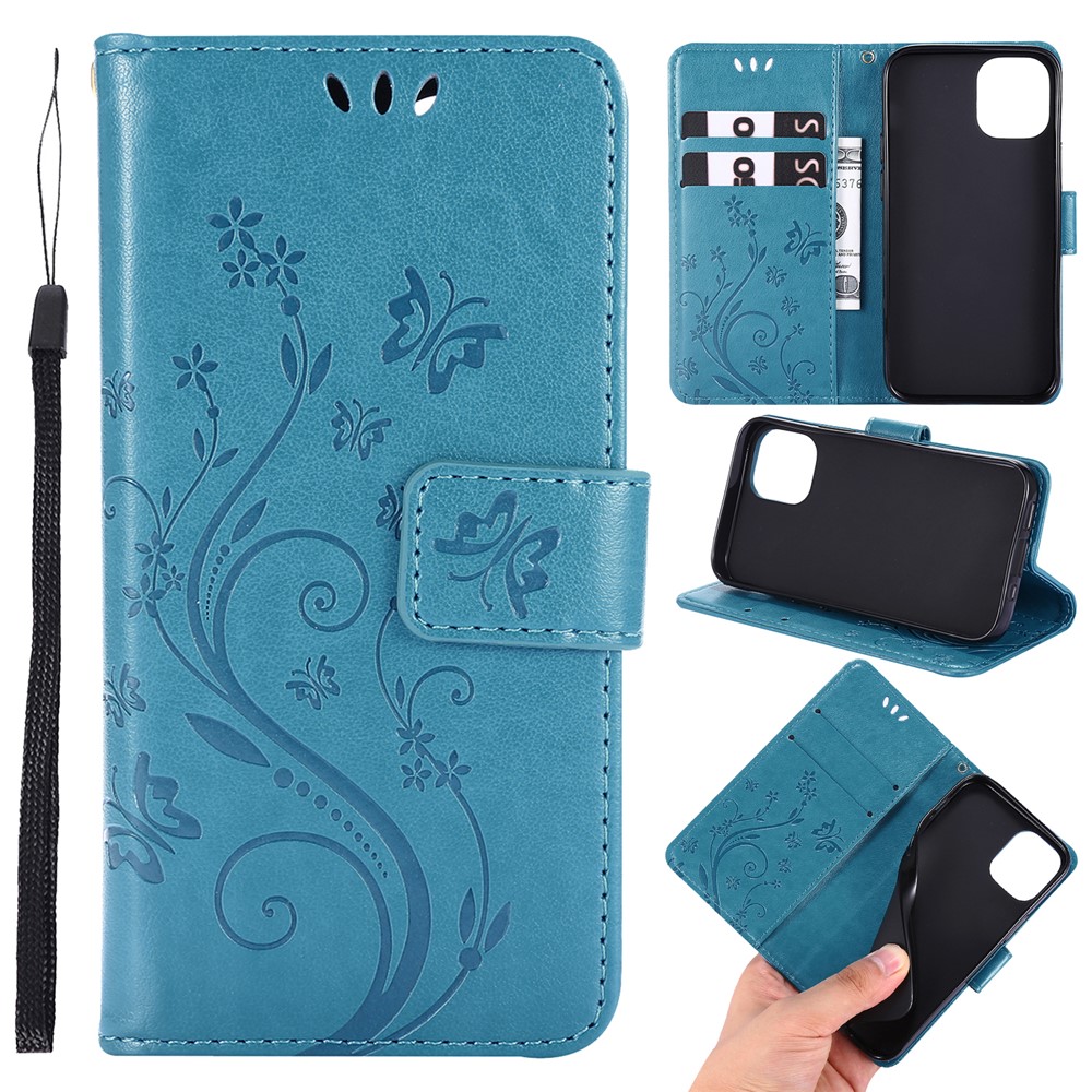 Imprint Butterfly Flower Leather Case with Strap for iPhone 12 mini - Blue-1