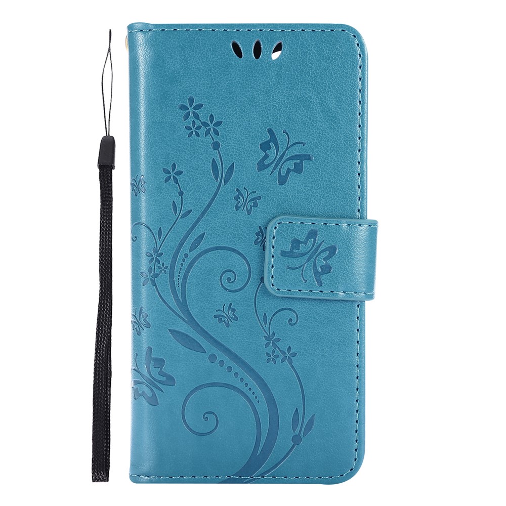 Imprint Butterfly Flower Leather Case with Strap for iPhone 12 mini - Blue-2