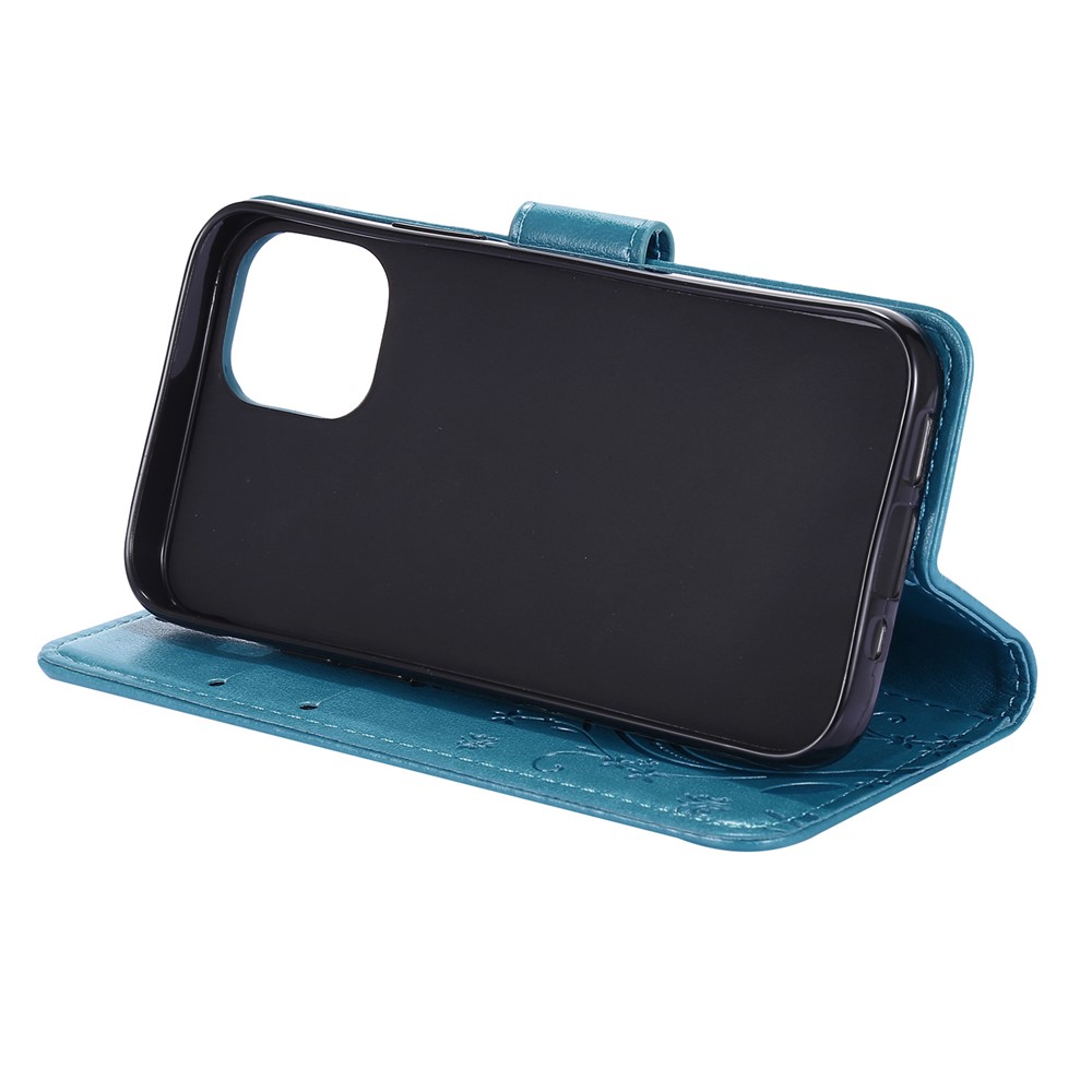 Imprint Butterfly Flower Leather Case with Strap for iPhone 12 mini - Blue-4