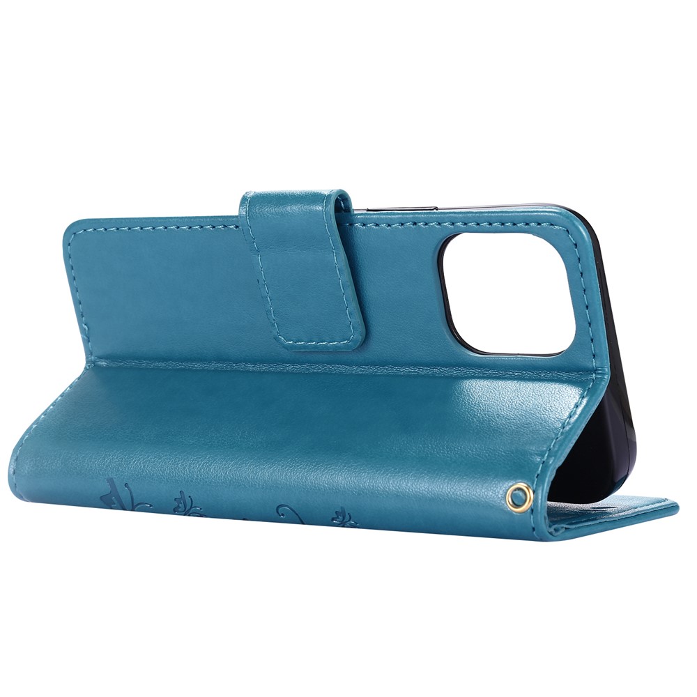 Imprint Butterfly Flower Leather Case with Strap for iPhone 12 mini - Blue-5