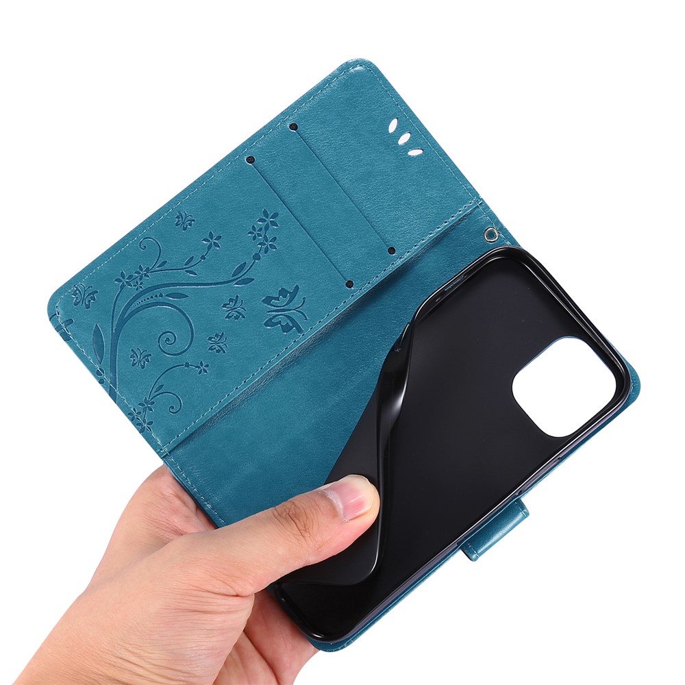 Imprint Butterfly Flower Leather Case with Strap for iPhone 12 mini - Blue-7