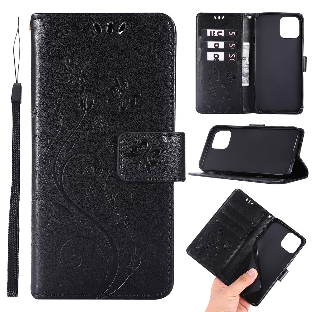 Imprint Butterfly Flower Leather Cover with Wallet for iPhone 12 Pro/Max 6.1 inch - Black-1