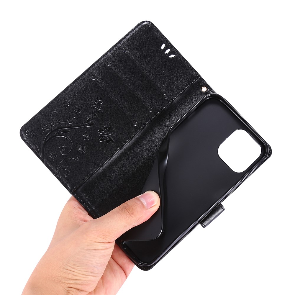 Abdruck Schmetterlingsblumenlederabdeckung Mit Brieftasche Für Iphone 12 Pro/12 - Schwarz