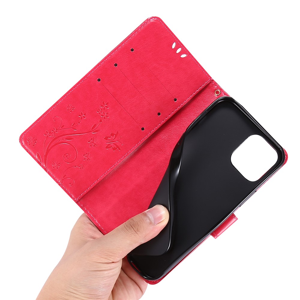 Imprint Butterfly Flower Leather Cover with Wallet for iPhone 12 Pro/12 - Red-5