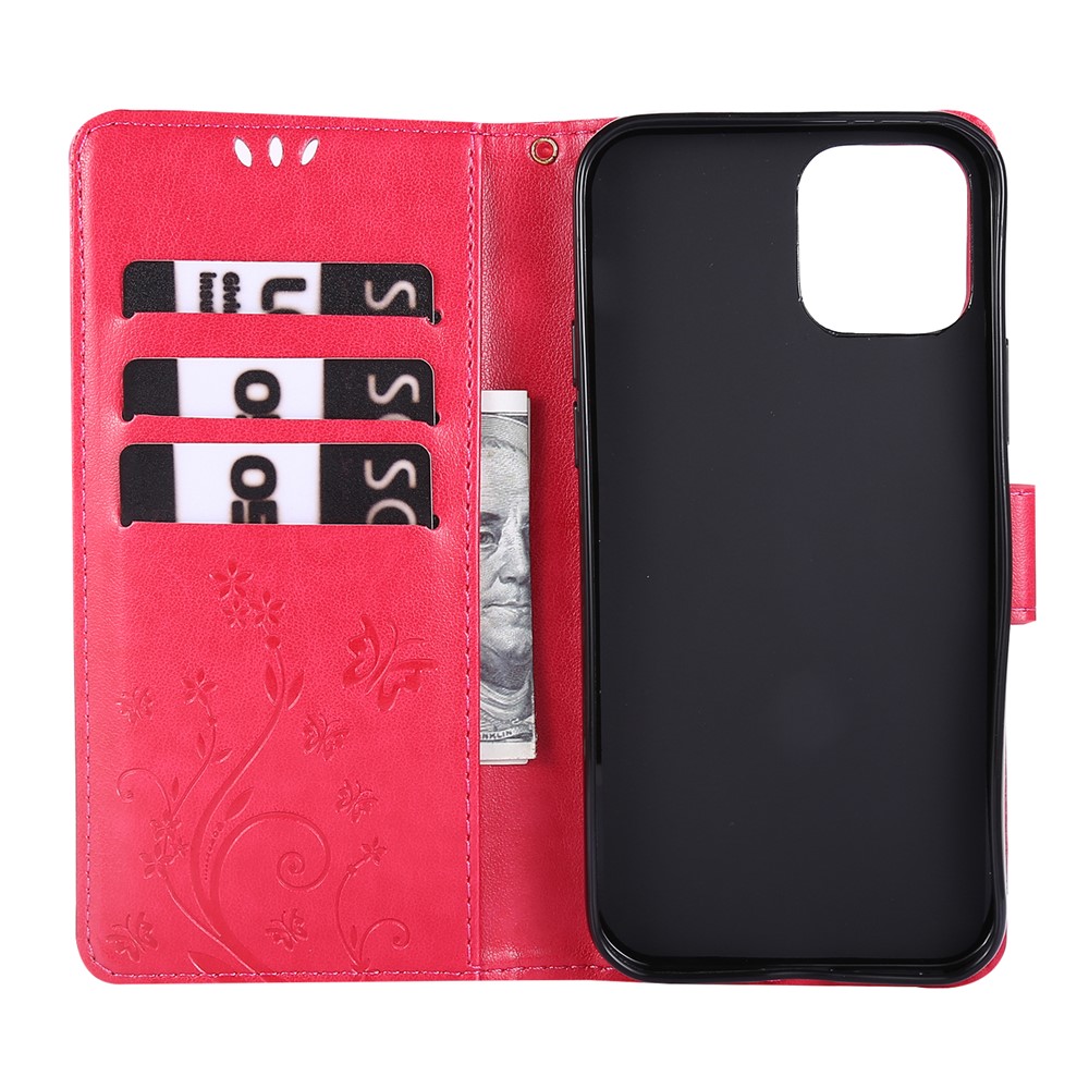 Imprint Butterfly Flower Leather Cover with Wallet for iPhone 12 Pro/12 - Red-6