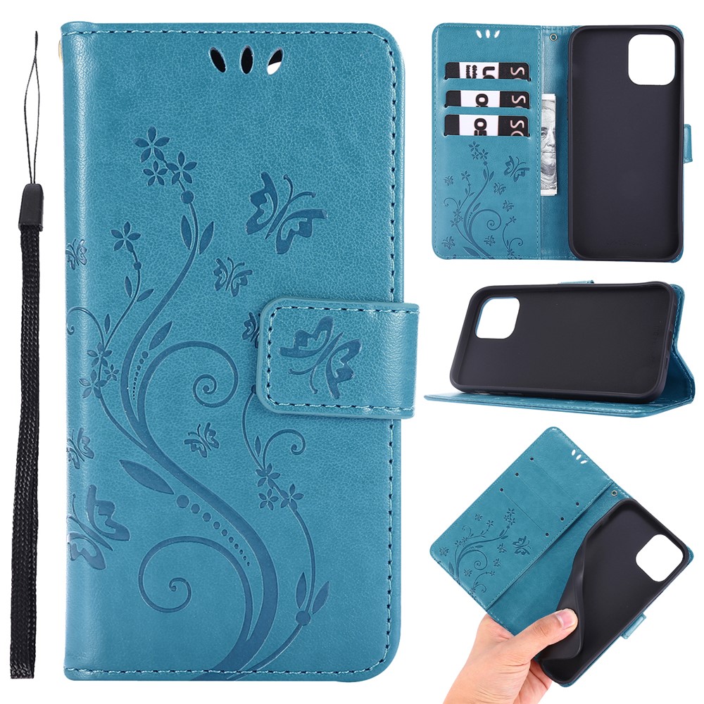 Imprint Butterfly Flower Leather Cover with Wallet for iPhone 12 Pro/12 - Blue-1