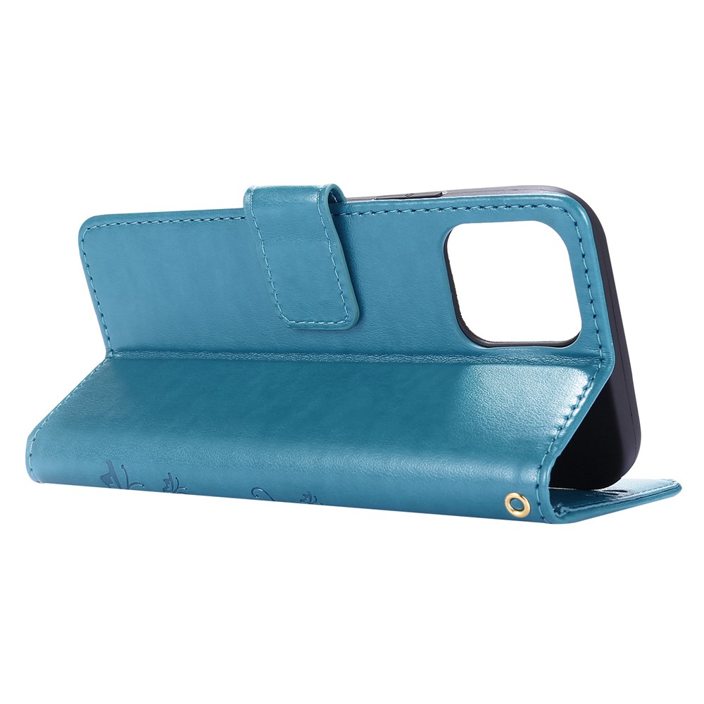 Imprint Butterfly Flower Leather Cover with Wallet for iPhone 12 Pro/12 - Blue-4