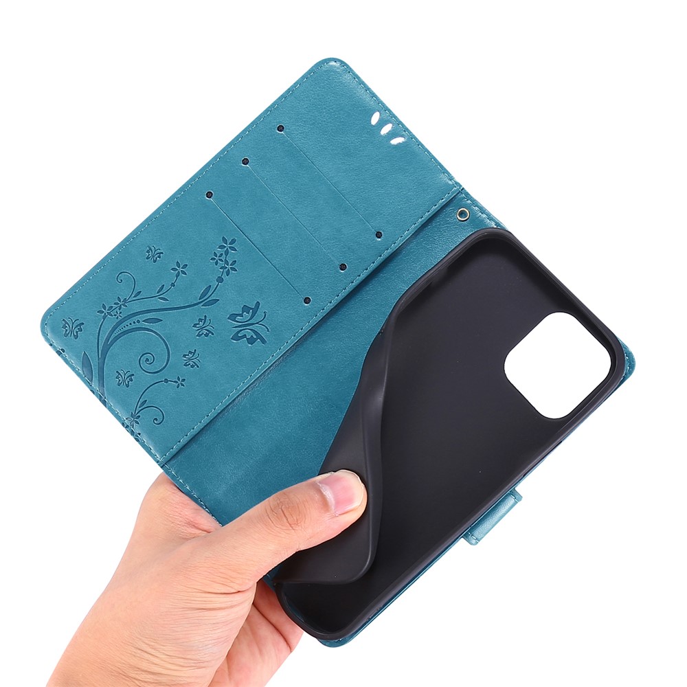 Imprint Butterfly Flower Leather Cover with Wallet for iPhone 12 Pro/12 - Blue-5