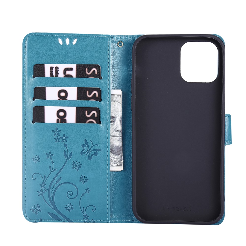 Imprint Butterfly Flower Leather Cover with Wallet for iPhone 12 Pro/12 - Blue-6