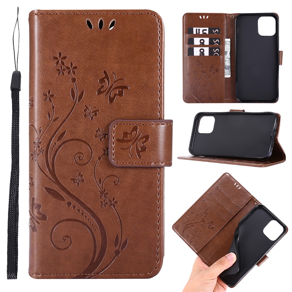 Imprint Butterfly Flower Leather Cover with Wallet for iPhone 12 Pro/12 - Brown-1