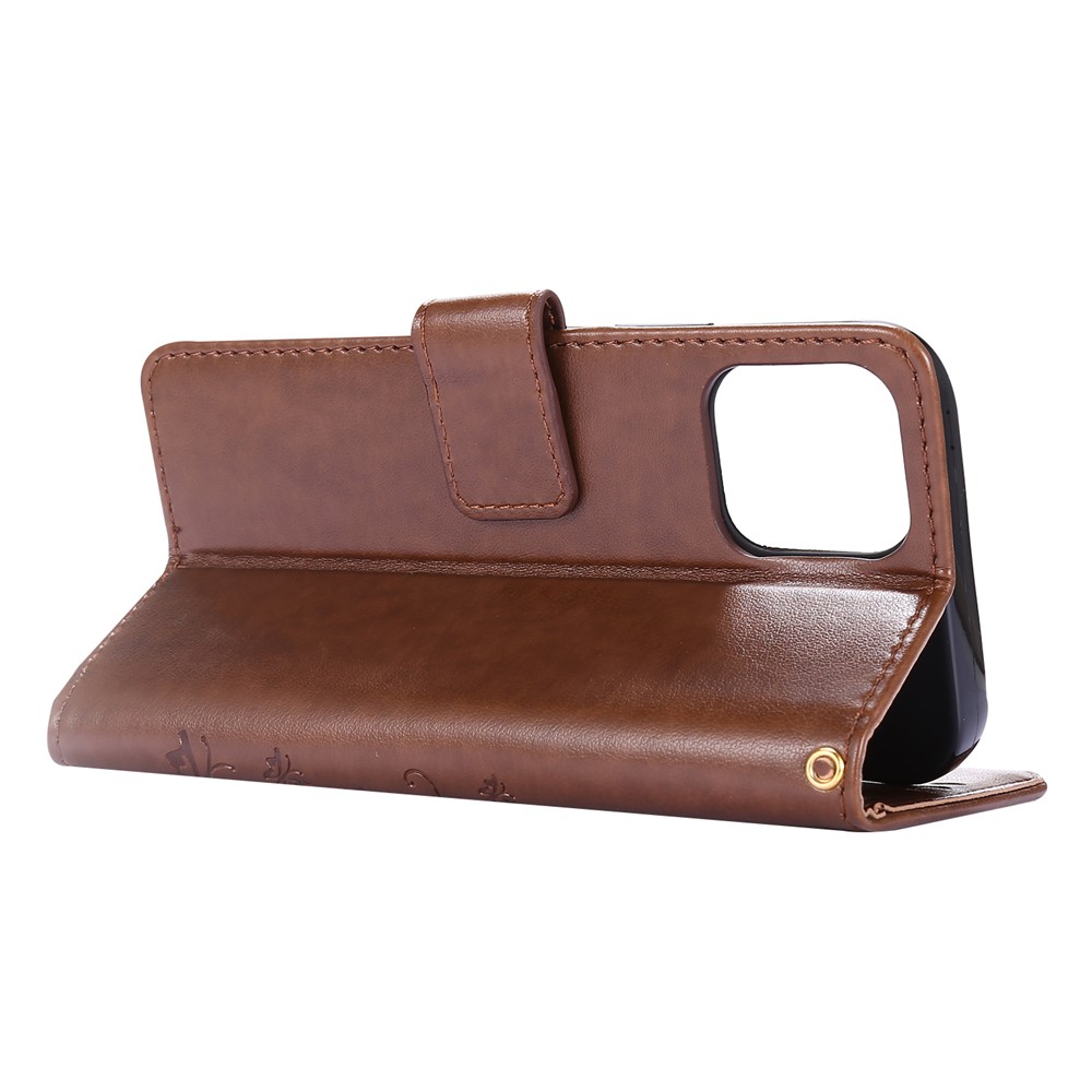 Imprint Butterfly Flower Leather Cover with Wallet for iPhone 12 Pro/12 - Brown-4