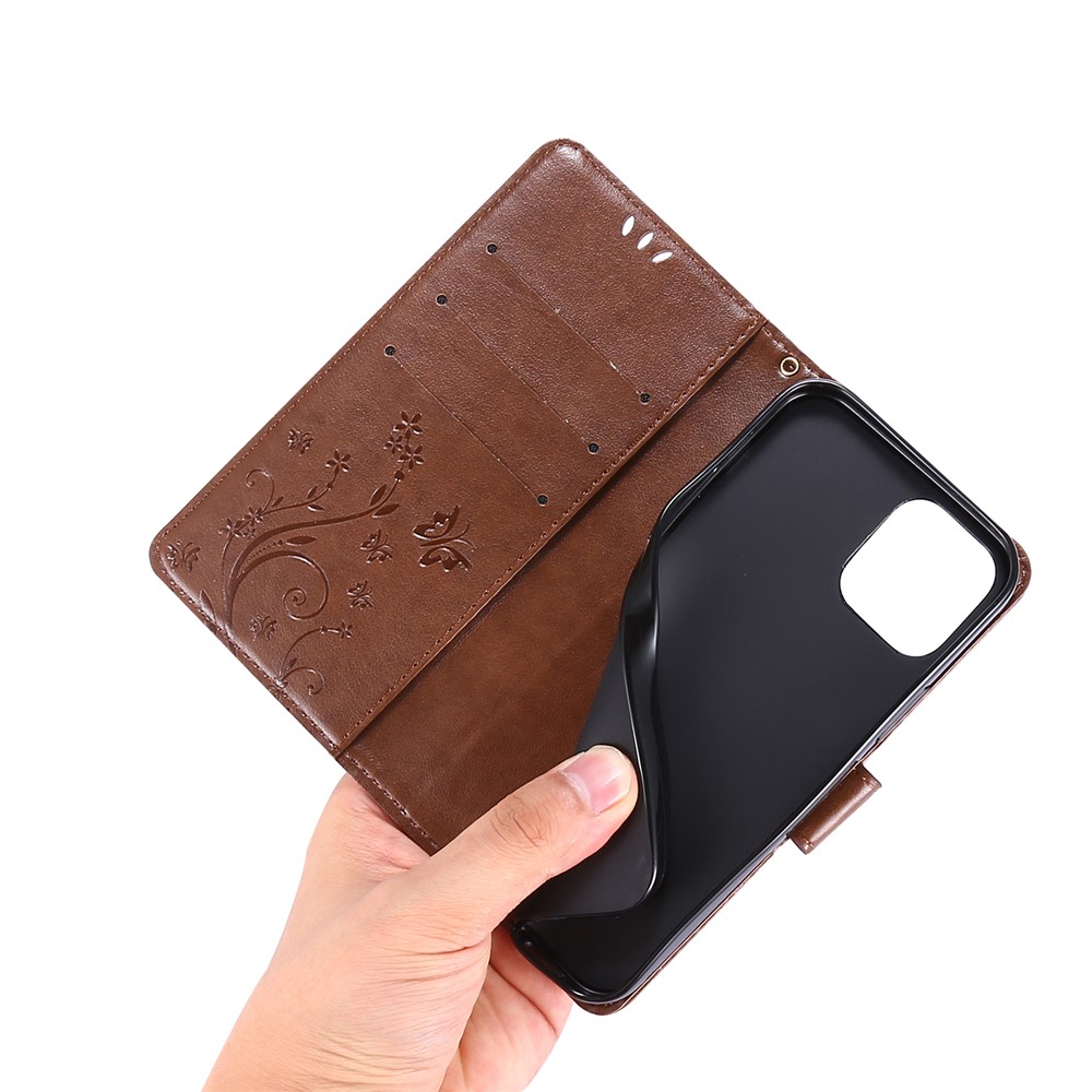 Imprint Butterfly Flower Leather Cover with Wallet for iPhone 12 Pro/12 - Brown-5