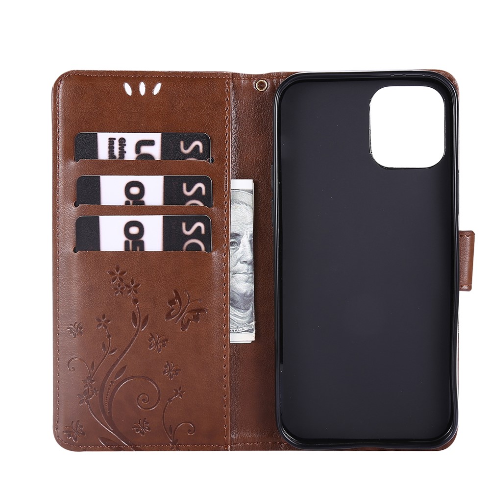 Imprint Butterfly Flower Leather Cover with Wallet for iPhone 12 Pro/12 - Brown-6