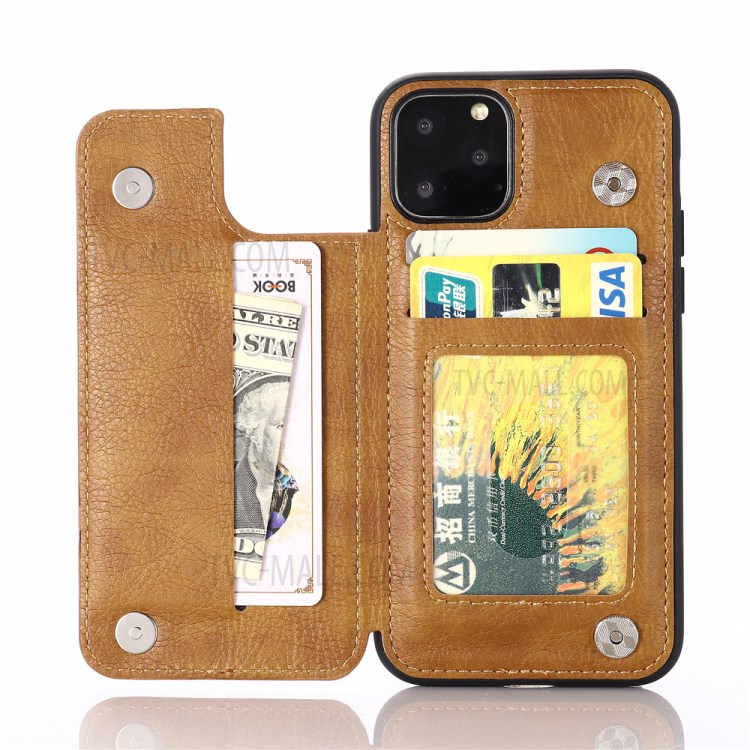 With Kickstand Card Holder Leather Coated PC + TPU Shell for iPhone 11 Pro 5.8 inch - Brown-5