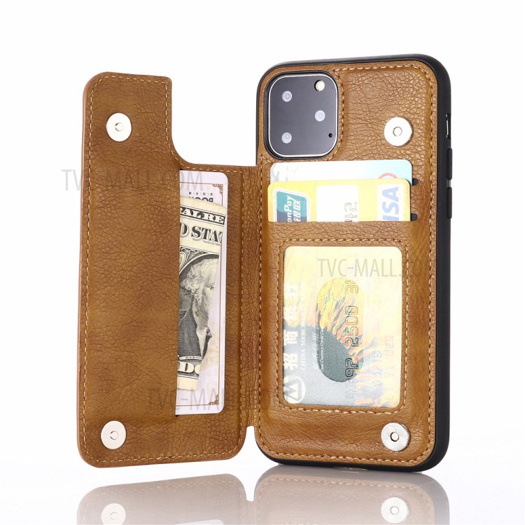 With Kickstand Card Holder Leather Coated PC + TPU Shell for iPhone 11 Pro 5.8 inch - Brown-6