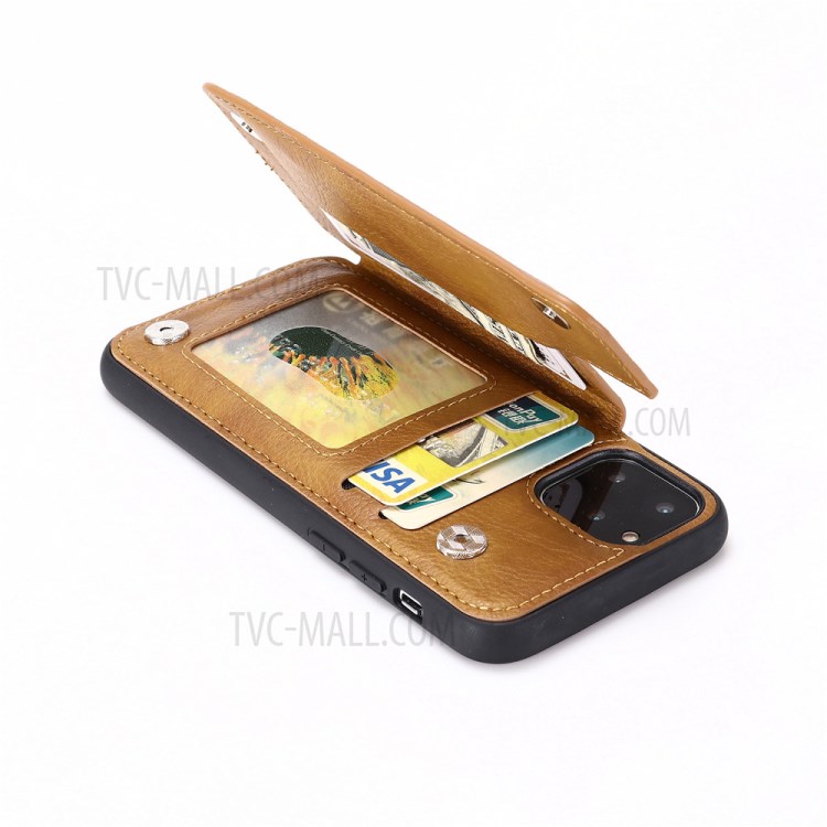 With Kickstand Card Holder Leather Coated PC + TPU Shell for iPhone 11 Pro 5.8 inch - Brown-7