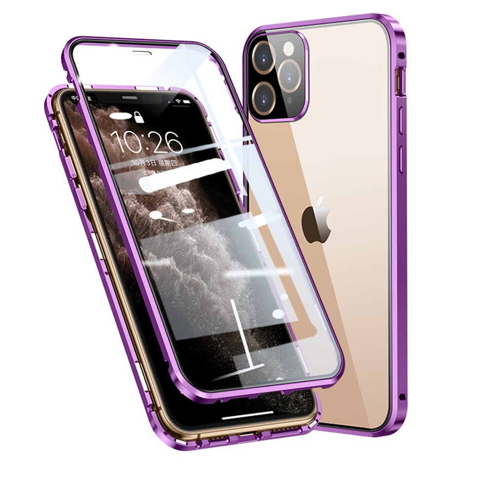 Magnetic Installation Metal Frame + Tempered Glass Full Covering Shell HD Dual Sided Tansparent Tempered Glass for iPhone 11 Pro Max 6.5 inch - Purple