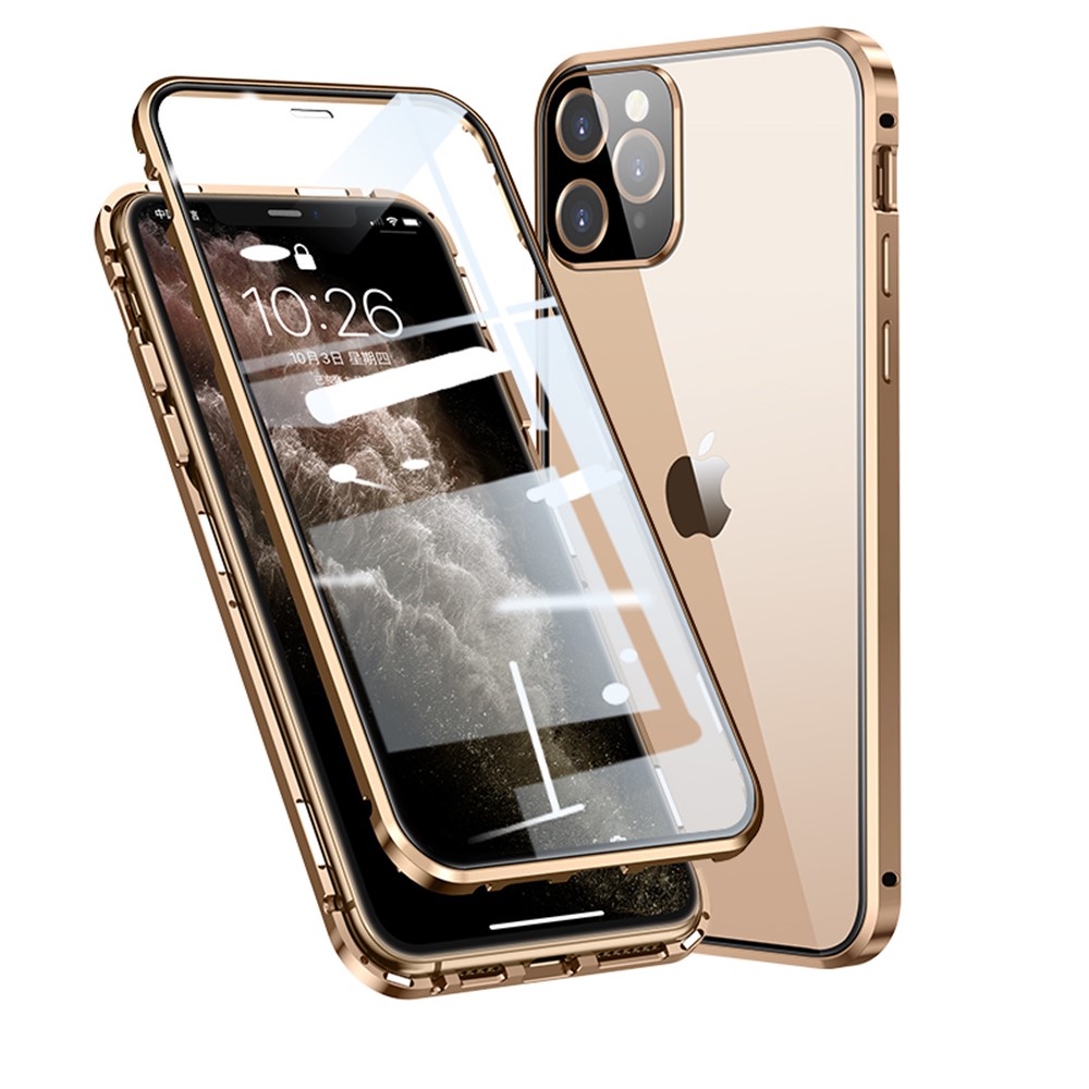 Magnetic Installation Metal Frame + Tempered Glass Full Covering Shell HD Dual Sided Tansparent Tempered Glass for iPhone 11 Pro Max 6.5 inch - Gold