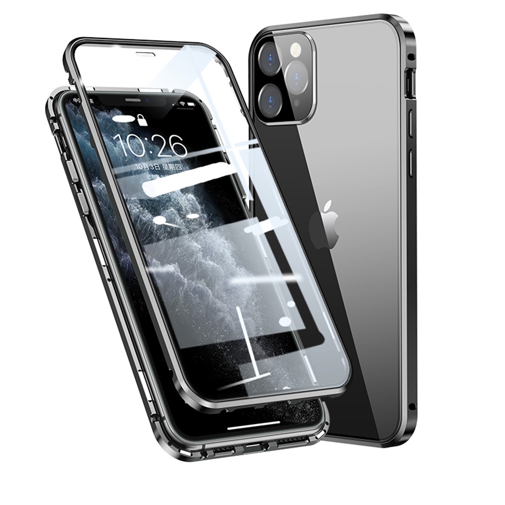 Magnetic Installation Metal Frame + Tempered Glass Full Covering Shell HD Dual Sided Tansparent Tempered Glass for iPhone 11 Pro Max 6.5 inch - Black