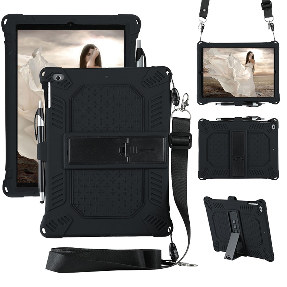Kickstand PC Soft Silicone Case with Hanging Rope for Apple iPad 9.7-inch (2018)/ iPad 9.7-inch (2017) / iPad 5 / iPad 6 - Black