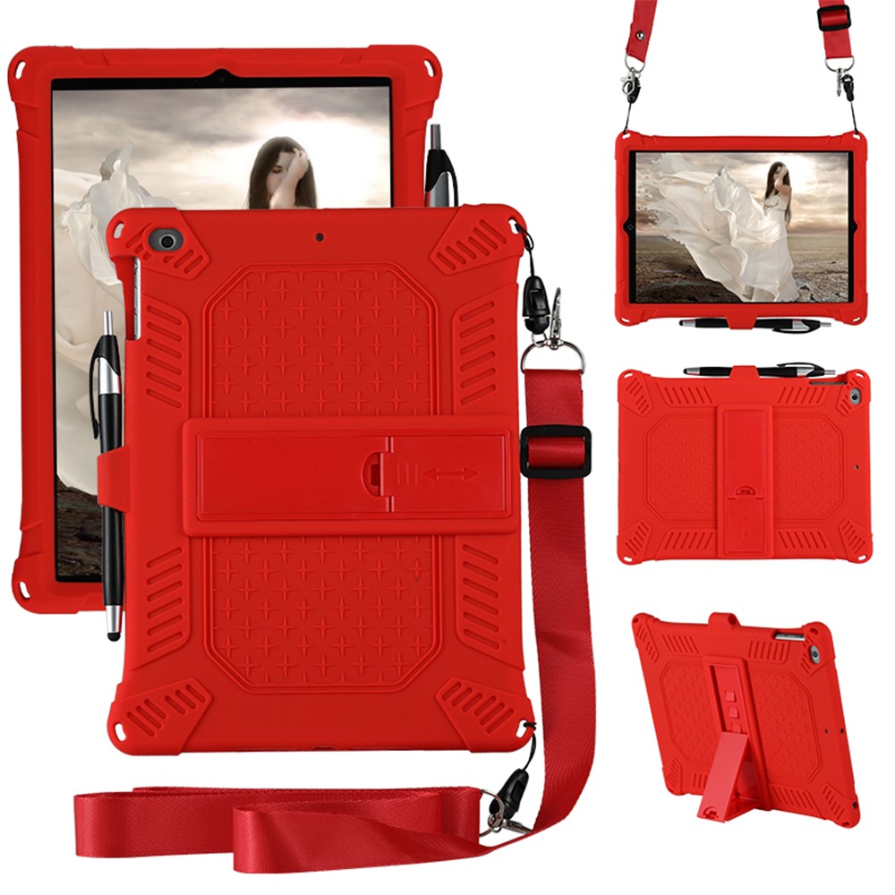 Kickstand PC Soft Silicone Case with Hanging Rope for Apple iPad 9.7-inch (2018)/ iPad 9.7-inch (2017) / iPad 5 / iPad 6 - Red-1