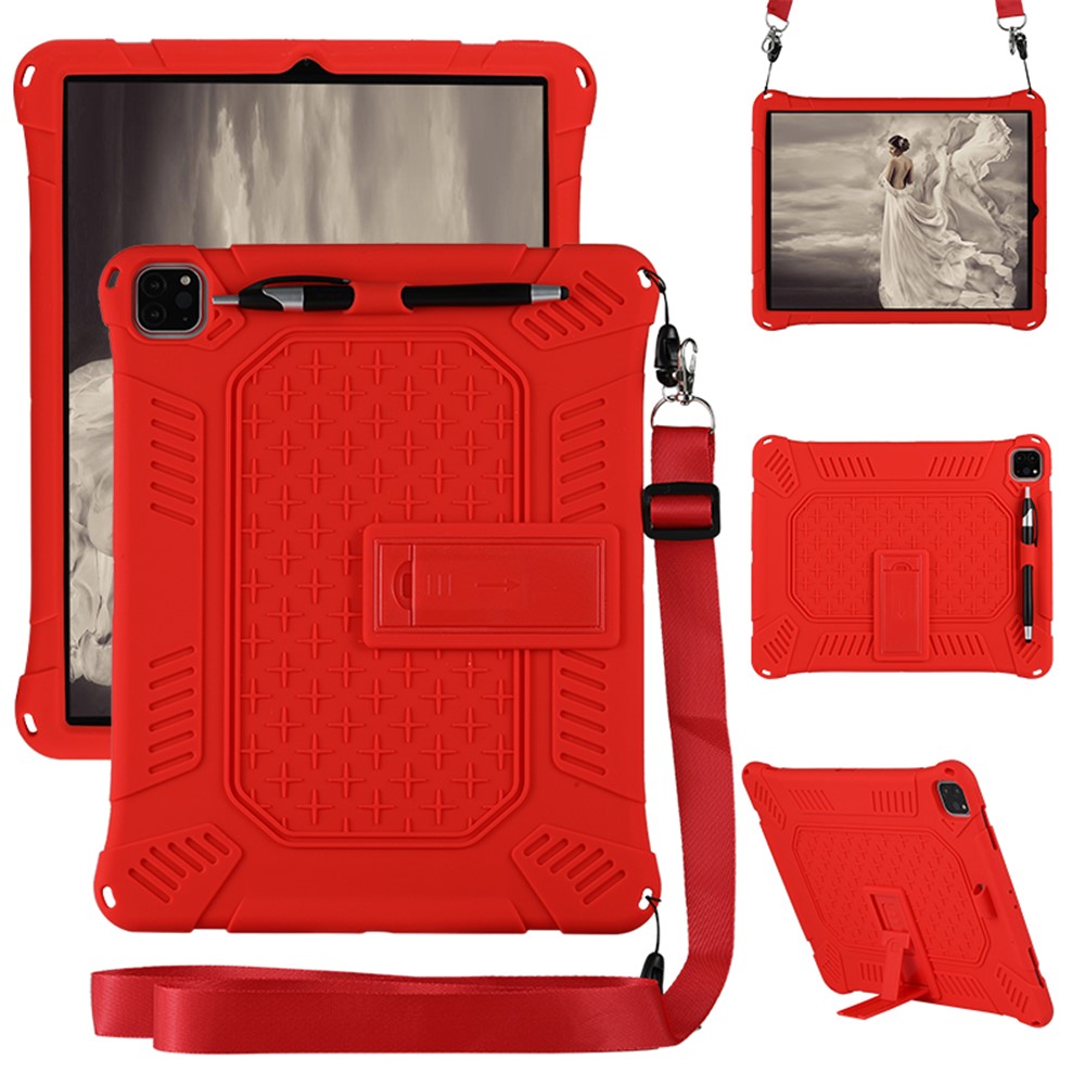 Kickstand PC Soft Silicone Case with Hanging Rope for iPad Pro 12.9-inch (2020) / iPad Pro 12.9-inch (2018) - Red-1