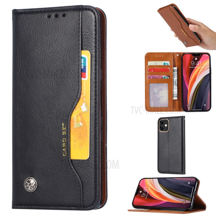 Classic Auto-absorbed Leather Wallet Case with Stand for iPhone 12 mini - Black-1
