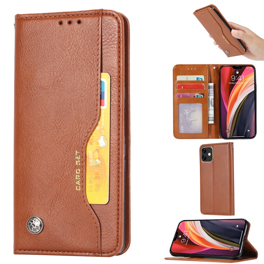 Classic Auto-absorbed Leather Wallet Cover with Stand for iPhone 12 Max/Pro 6.1 inch - Brown-1