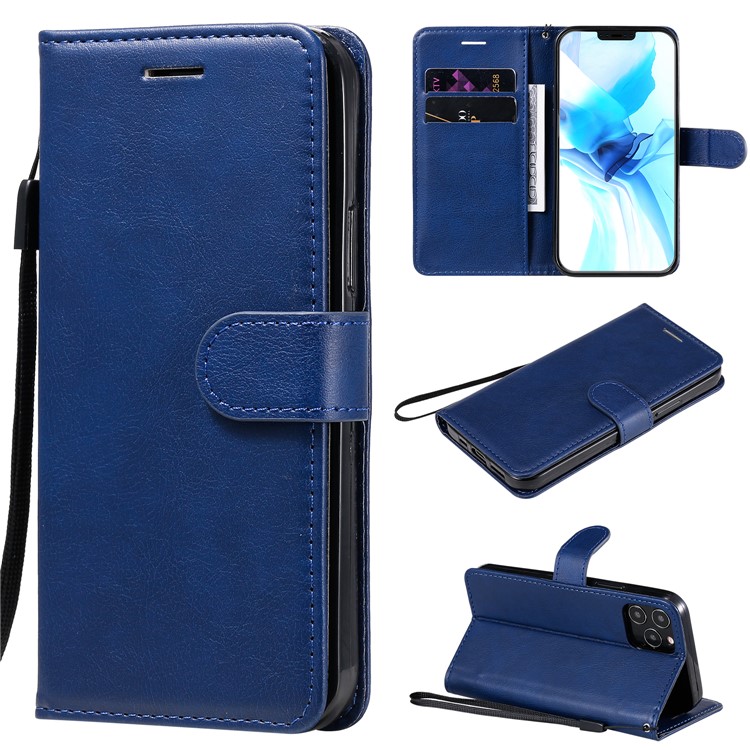 Solid Color Wallet Stand Leather Case with Strap for iPhone 12 Pro 6.1 inch - Blue-1