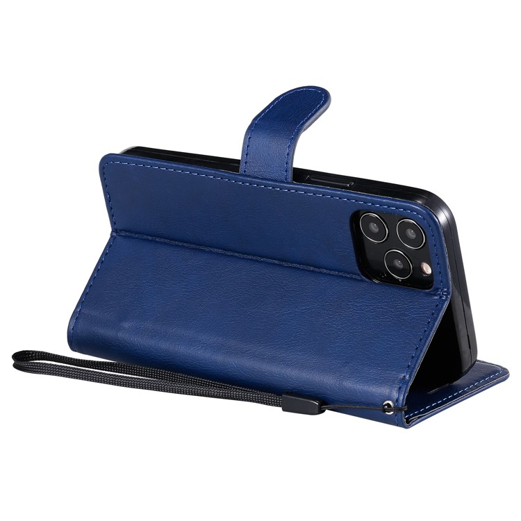 Solid Color Wallet Stand Leather Case with Strap for iPhone 12 Pro 6.1 inch - Blue-5