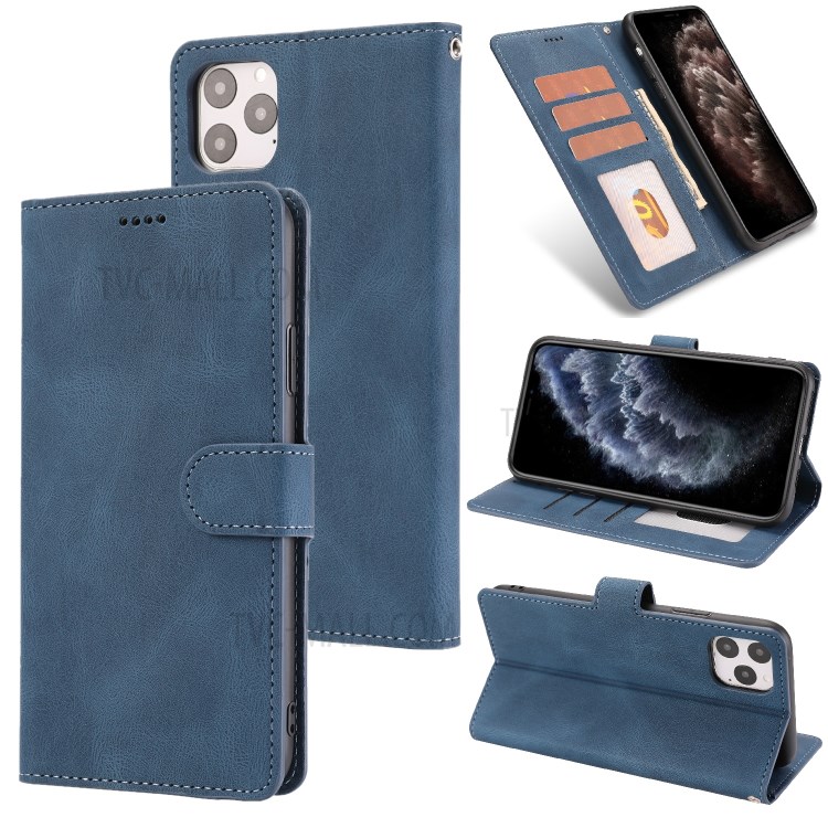 Classic Style Leather Wallet Stand Phone Cover Case for iPhone 12 Pro Max 6.7-inch - Blue