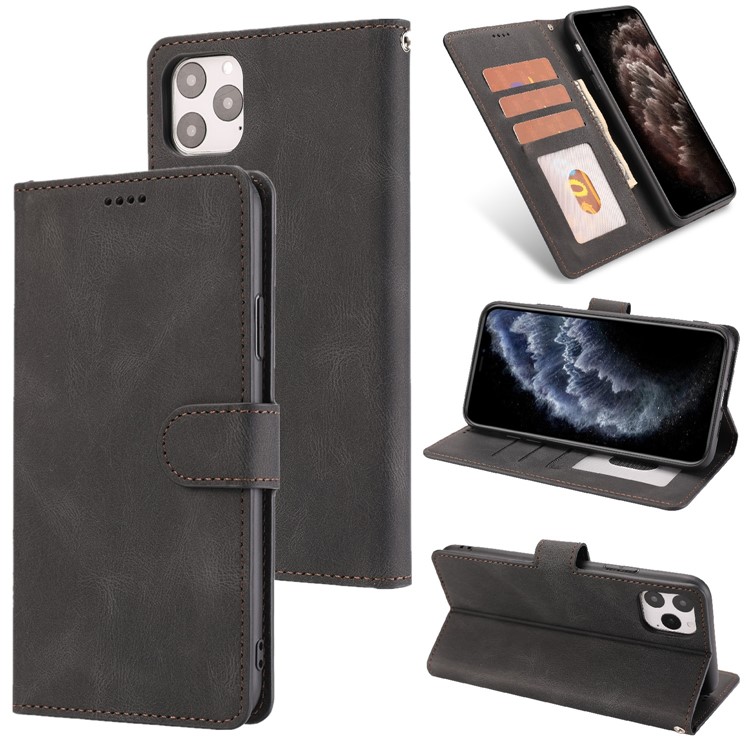 Classic Style Leather Wallet Stand Phone Cover Case for iPhone 12 Max / iPhone 12 Pro 6.1-inch - Black-1