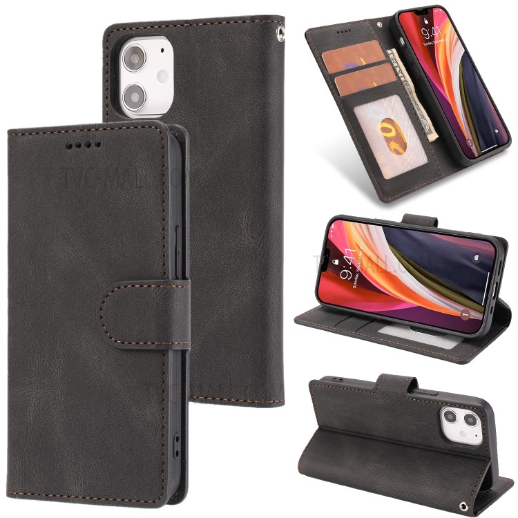 Classic Style Leather Wallet Stand Phone Cover Case for iPhone 12 5.4-inch - Black-1