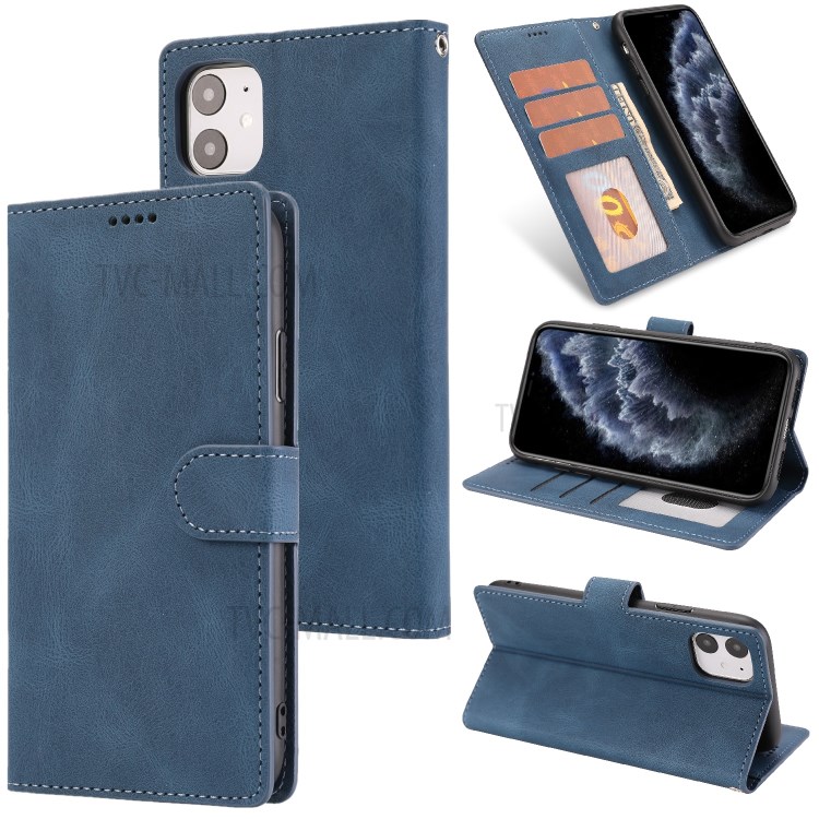Classic Style Leather Wallet Stand Phone Cover Case for iPhone 11 6.1-inch - Blue-1