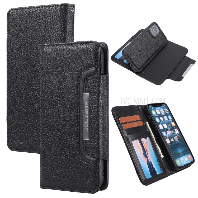 Litchi Skin Leather Cover + Detachable 2 in 1 TPU Shell for iPhone 12 Pro Max 6.7 inch - Black-1