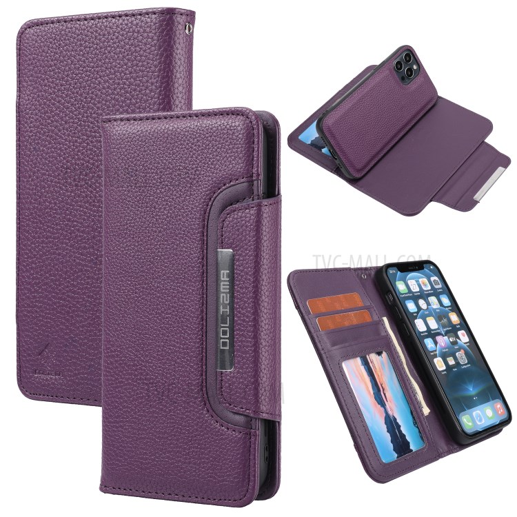 Litchi Skin Leather Cover + Detachable 2 in 1 TPU Shell for iPhone 12 Pro Max 6.7 inch - Purple-1