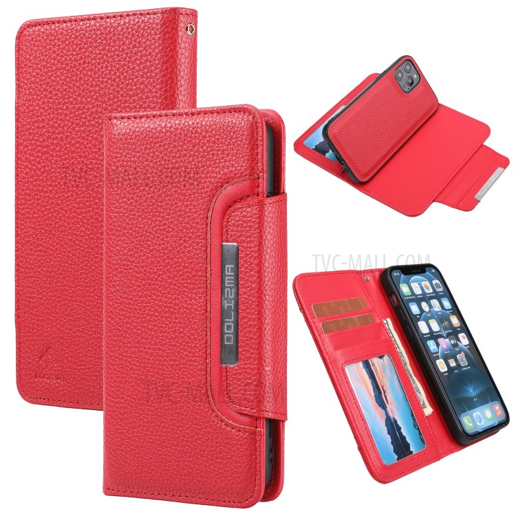 Detachable 2-in-1 Magnetic Litchi Texture Leather Cover for iPhone 12 Pro/12 - Red-1
