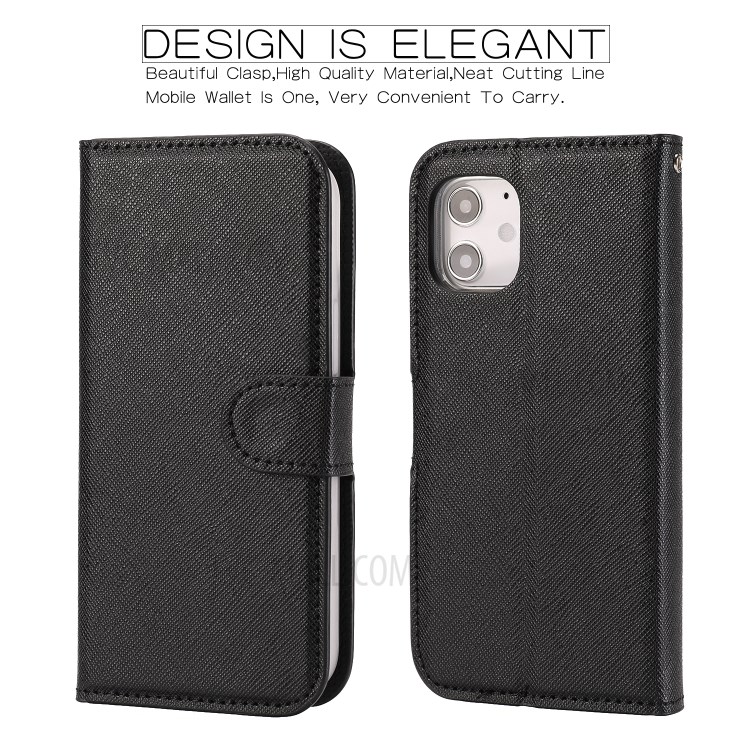 Cross Skin Leather Wallet Cover + Removable TPU Case for iPhone 12 5.4 inch - Black-2