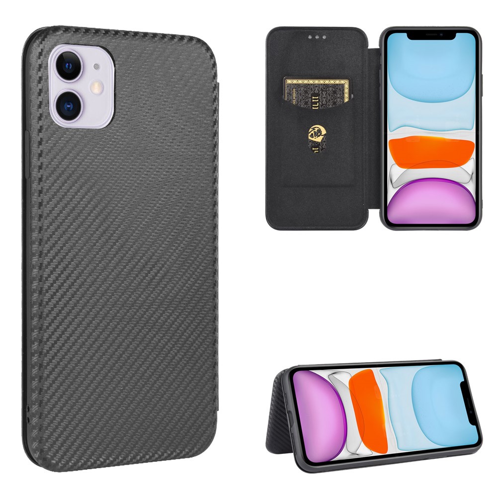 Carbon Fiber Auto-absorbed Stand Leather Mobile Case for iPhone 12 Max/12 Pro 6.1 inch - Black-1