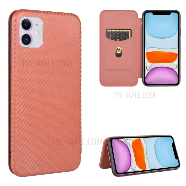 Carbon Fiber Auto-absorbed Stand Leather Mobile Case for iPhone 12 Pro/12 - Brown-1